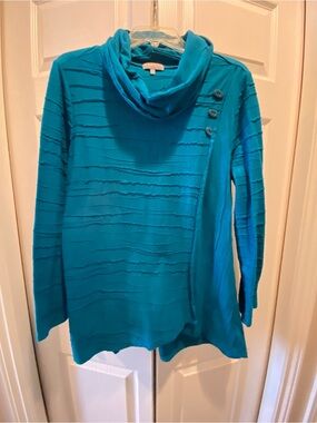 Habitat Teal Cowl Neck Sweater with Asymmetric Button Placket